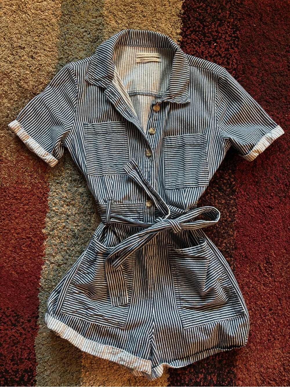 Urban Outfitters Blue & White Striped Kids One-Piece Romper with Tie Waist